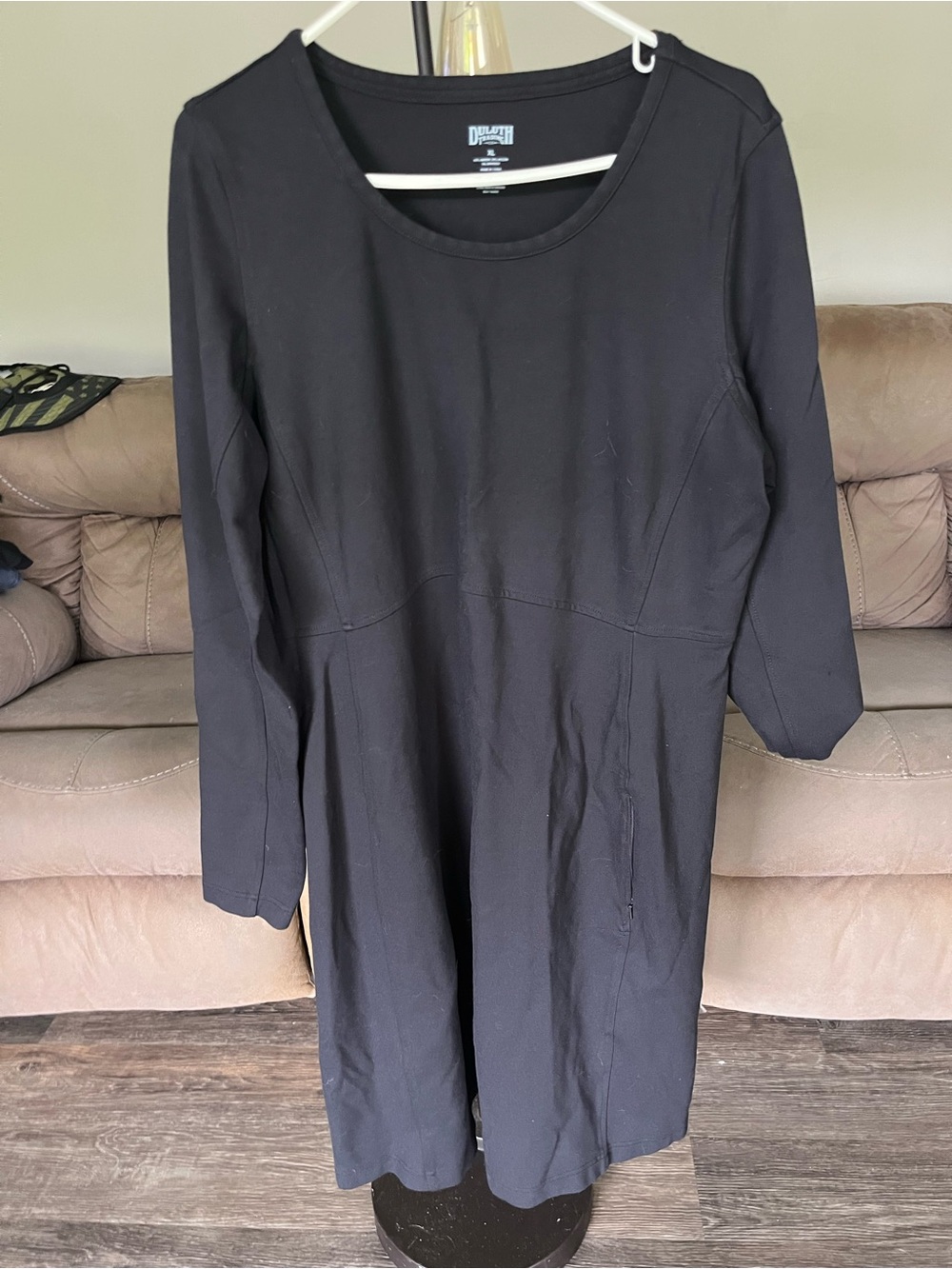 Duluth Trading Co Black A-Line Knit Knee Dress Long Sleeve Pockets Zip XL